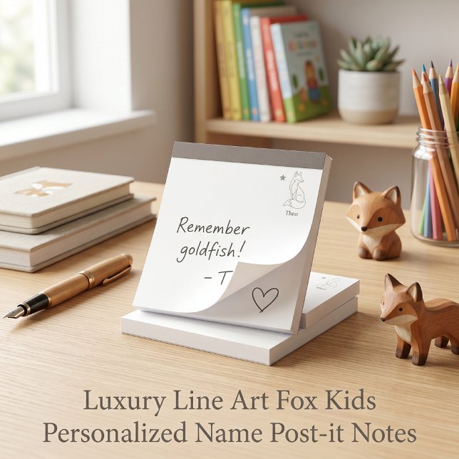 Luxury Line Art Fox Kids Personalised Name 3"x3" Post-it Notes (Quiet Luxury Fox Line Art Kids Personalized Post-it Notes 3x3 | Custom Name Back to School  )