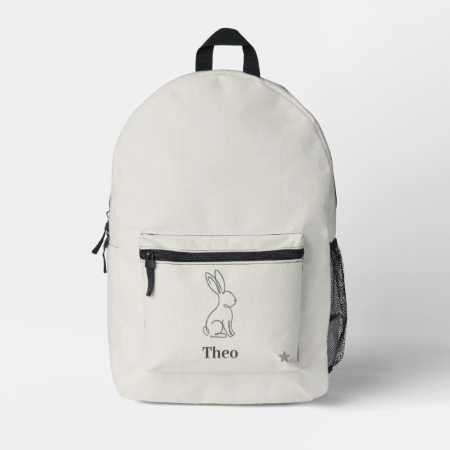 Luxury Line Art Rabbit Kids Personalised Name Printed Backpack (Front)