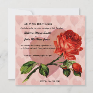 Luxury Linen red rose hearts wedding invitation