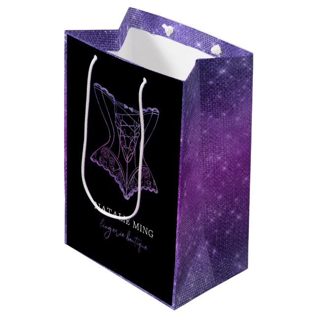 Luxury Lingerie Boutique Logo Purple Glitter Mediu Medium Gift Bag (Front Angled)