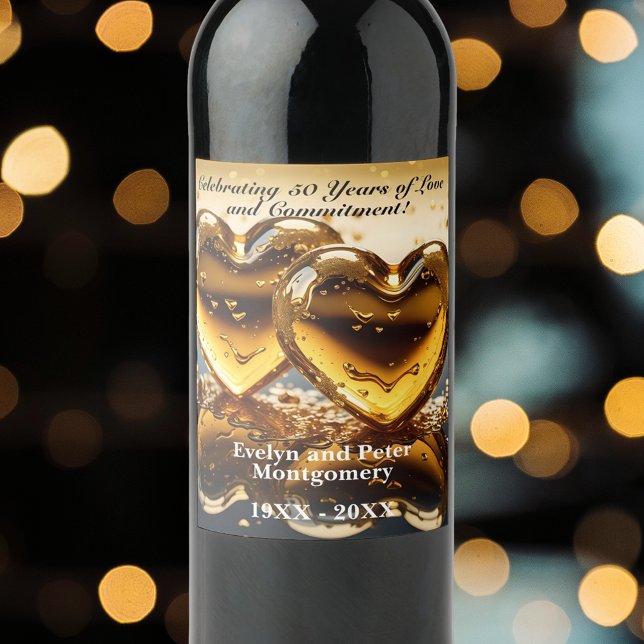 Luxury Liquid Gold Hearts 50th Wedding Anniversary Wine Label (Creator Uploaded)