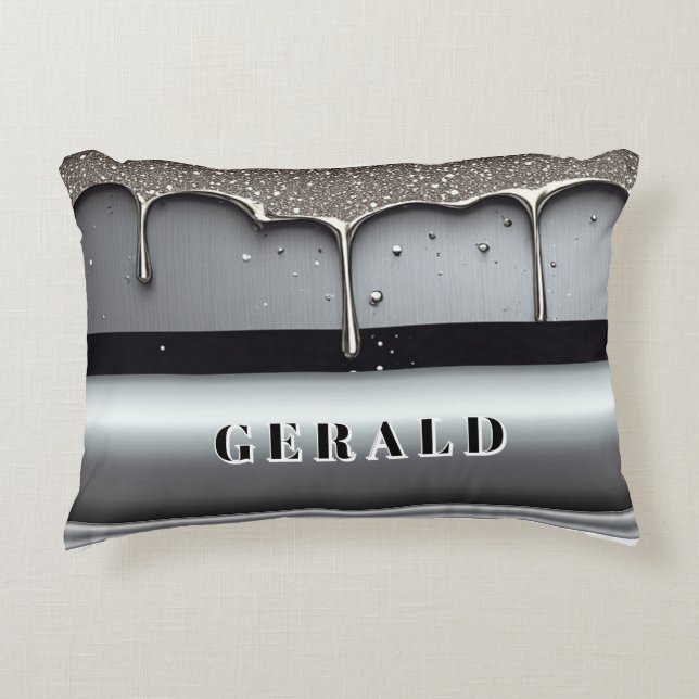 Luxury Liquid Metal Custom Name Sleek Chrome Drip Decorative Cushion (Front)