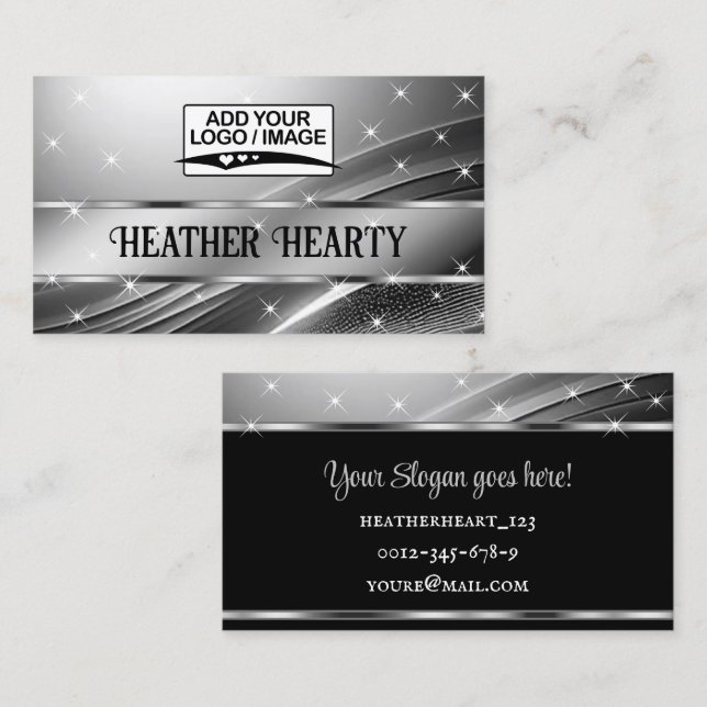 Luxury Liquid Silver Grey Steel Shimmer with Logo Business Card (Front/Back)