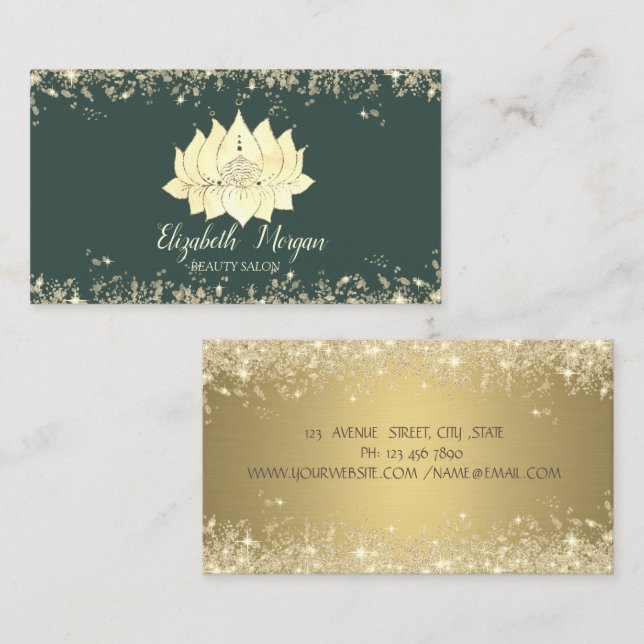 Luxury Lotus Flower Gold Glitter Dust Sage Green Business Card (Front/Back)