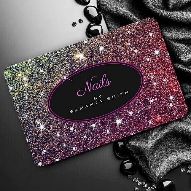 Luxury Luminous Pink Purple Glitter Stars Nails Business Card (Creator Uploaded)