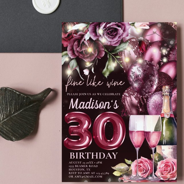 Luxury Magenta Wine Adult 30th Birthday Invitation (Creator Uploaded)