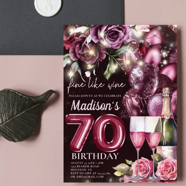Luxury Magenta Wine Adult 70th Birthday Invitation (Creator Uploaded)
