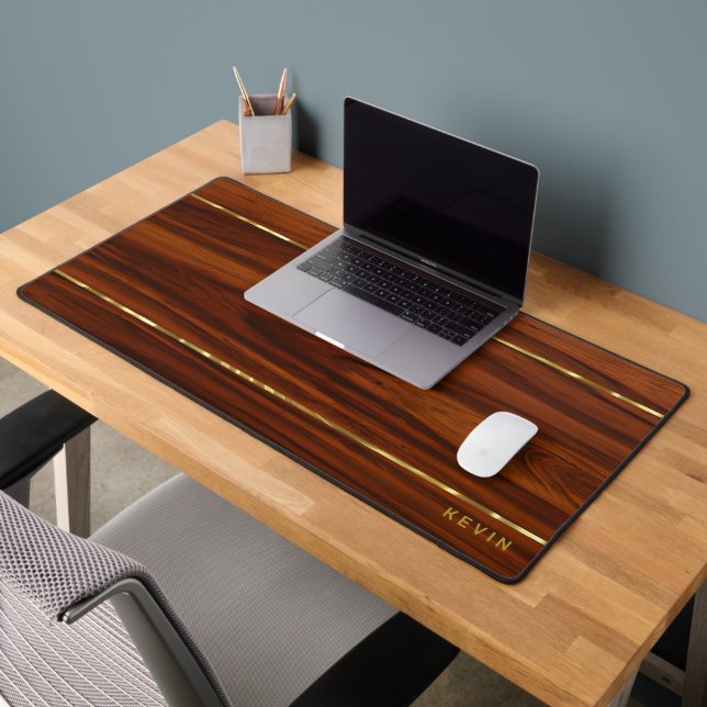 Luxury Mahogany Wood Texture Gold Accent Desk Mat (Office 2)