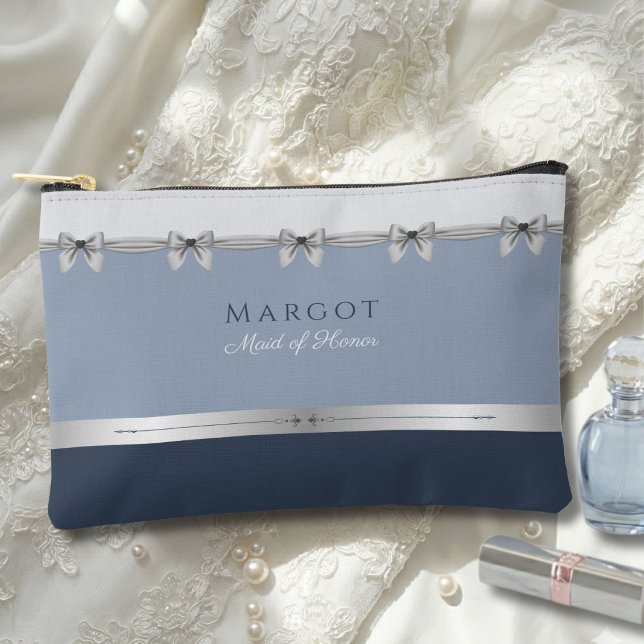 Luxury Maid of Honour | Slate Blue Cosmetics Accessory Pouch (Luxury Maid of Honor Makeup Bag. Modern slate & dusty blue with silver coquette bow details.)