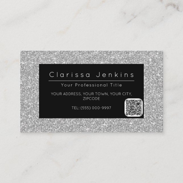 luxury makeup artist black and silver glitter business card (Front)