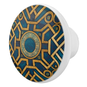 Luxury Marble art Deco Blue Gold Greek Key Ceramic Knob