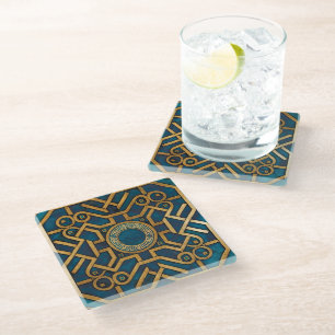 Luxury Marble art Deco Blue Gold Greek Key Glass Coaster