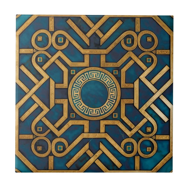 Luxury Marble art Deco Blue Gold Greek Key Tile (Front)
