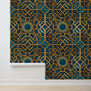 Luxury Marble art Deco Blue Gold Greek Key Wallpaper