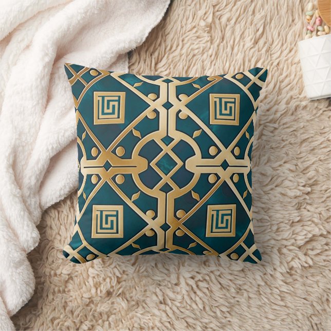 Luxury Marble Art Deco Greek Key Sea Green Gold Cushion (Blanket)
