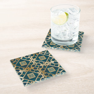 Luxury Marble Art Deco Greek Key Sea Green Gold Glass Coaster