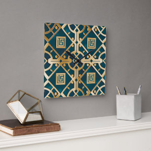 Luxury Marble Art Deco Greek Key Sea Green Gold Square Wall Clock