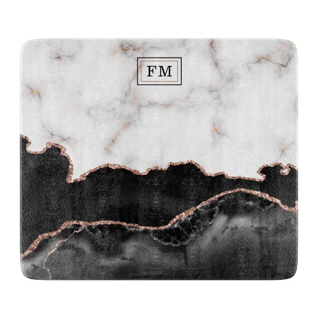 Luxury Marble Black Agate Gold Glitter Monogram Cutting Board (Front)