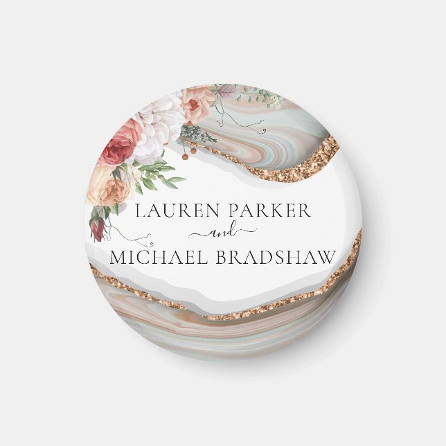 Luxury Marble Floral Glitter Wedding Magnet (Front)