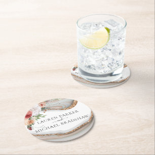 Luxury Marble Floral Glitter Wedding Round Paper Coaster