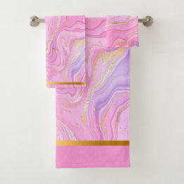 Luxury Marble Glitter Pink Purple Gold Bath Towel Set