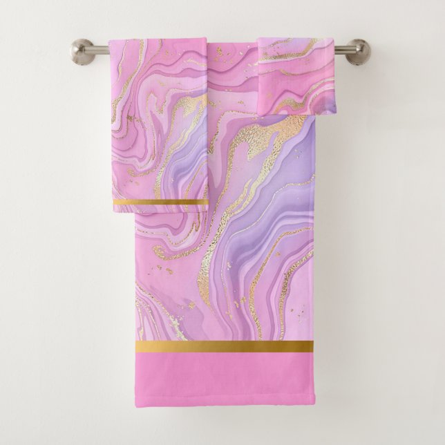Luxury Marble Glitter Pink Purple Gold Bath Towel Set (Insitu)