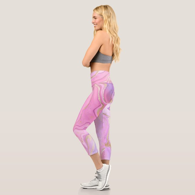 Luxury Marble Glitter Pink Purple Gold Capri Leggings (Left)