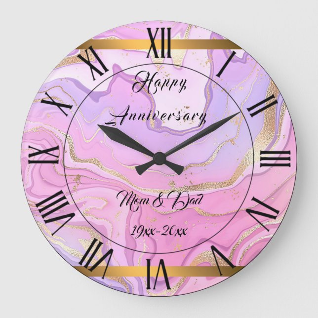 Luxury Marble Glitter Pink Purple Gold Large Clock (Front)