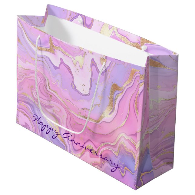 Luxury Marble Glitter Pink Purple Gold Large Gift Bag (Front Angled)