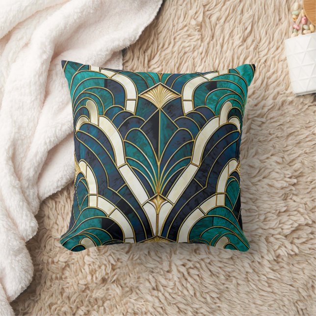 Luxury Marble Mosaic Art Deco Blue Gold & Teal Cushion (Blanket)