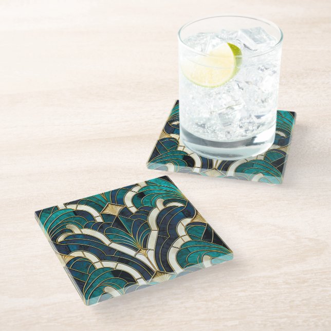 Luxury Marble Mosaic Art Deco Blue Gold & Teal Glass Coaster (Angled)