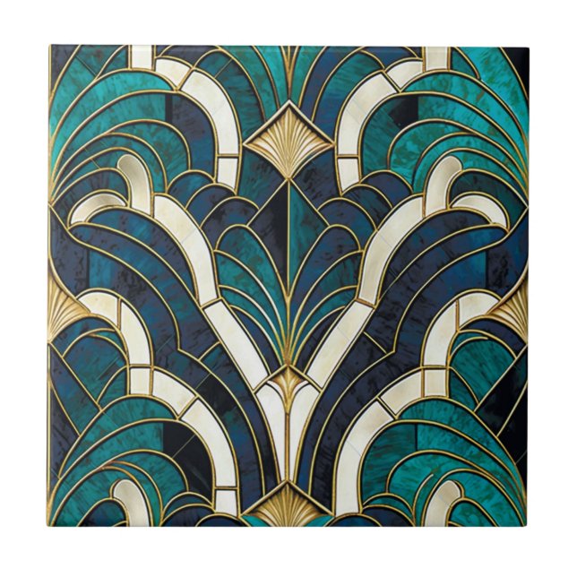 Luxury Marble Mosaic Art Deco Blue Gold & Teal Tile (Front)