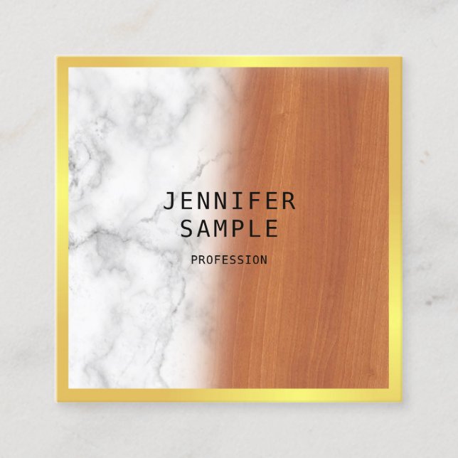 Luxury Marble Wood Black Gold Elegant Modern Cool Square Business Card (Front)