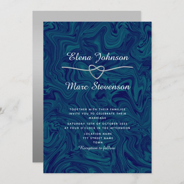 Luxury Marbled Silver Blue Wedding Invitation (Front/Back)