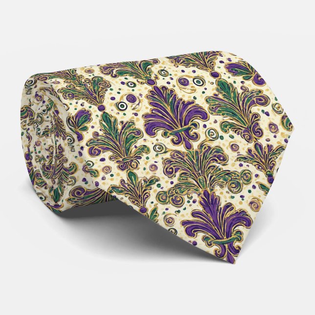 Luxury Mardi Gras Green Purple Gold Fleur De Lis  Tie (Rolled)