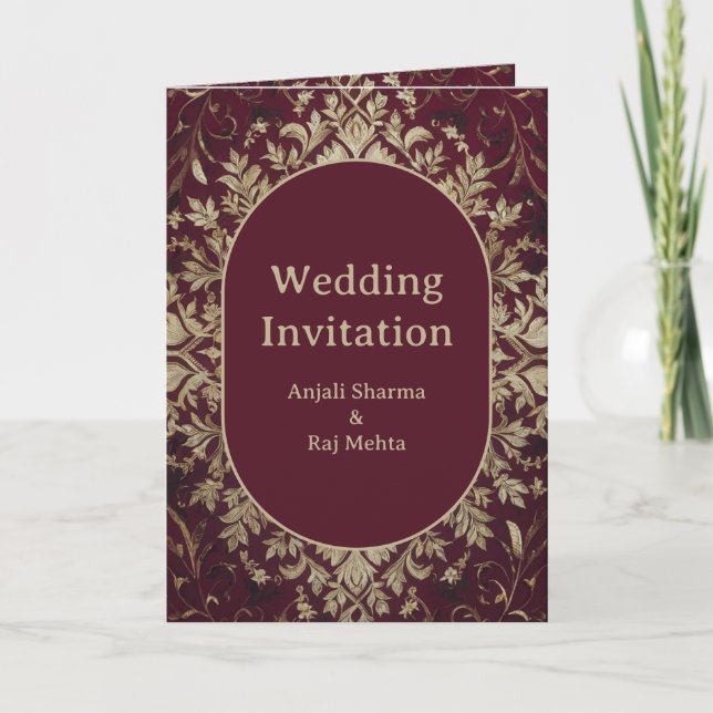 Luxury Maroon and Silver Hindu Indian Wedding Invitation (Front)