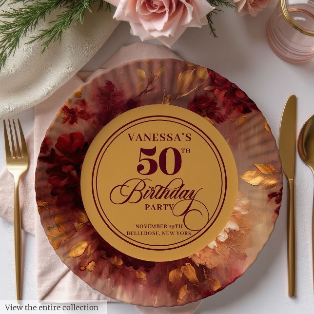 Luxury Marsala Blush Gold Floral 50th Birthday  Paper Plate (Luxury Marsala Blush Gold Floral 50th Birthday Paper Plates)