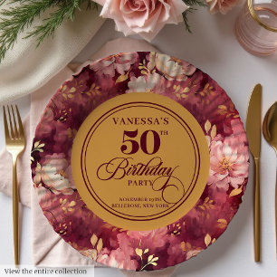 Luxury Marsala Blush Gold Floral 50th Birthday  Paper Plate
