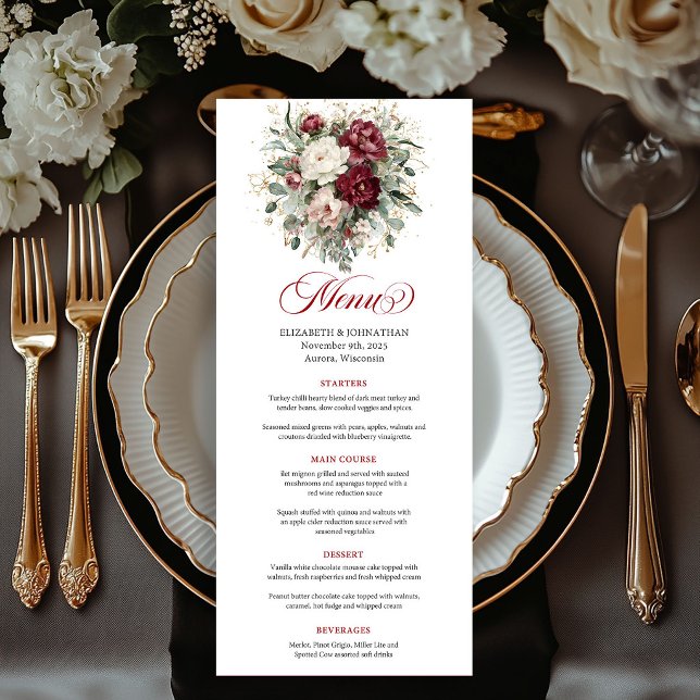 Luxury Marsala Floral Greenery Wedding Menu Card (Luxury Marsala Floral Greenery Menu Card)
