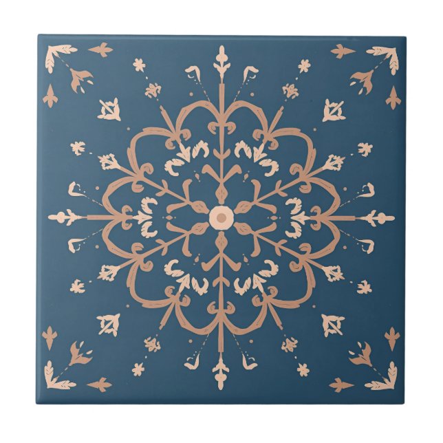 Luxury Mediterranean Blue & Tan Medallion Pattern Tile (Front)