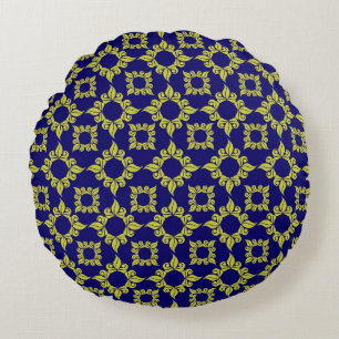Luxury Mediterranean Tile Pattern Blue Yellow Round Cushion