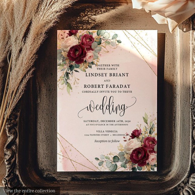 Luxury Merlot Gold Blush Roses Elegant Wedding  Invitation (Luxury Merlot Gold Blush Roses Elegant Wedding Invitation )
