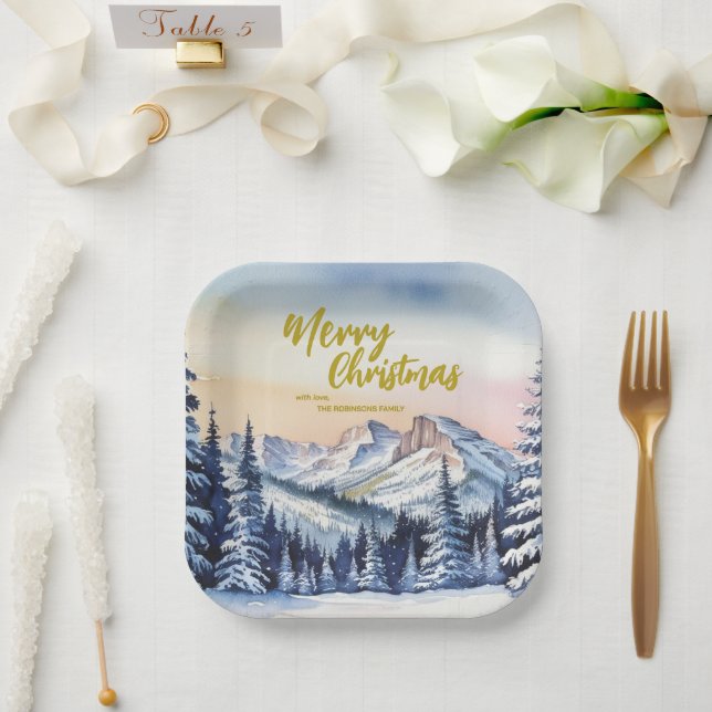 Luxury Merry xmas trees forest Gold script Holiday Paper Plate (Wedding)