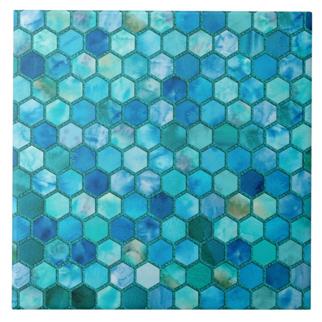 Luxury Metal Foil Glitter Aqua blue honeycomb Tile (Front)