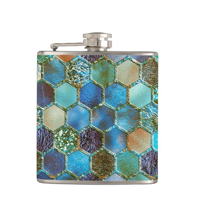 Luxury Metal Foil Glitter Aqua Teal honeycomb Hip Flask (Front)