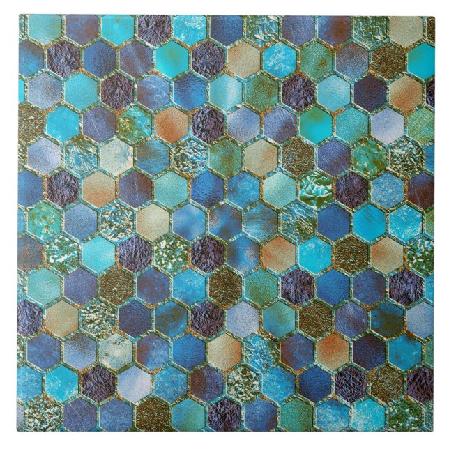 Luxury Metal Foil Glitter Aqua Teal honeycomb Tile (Front)