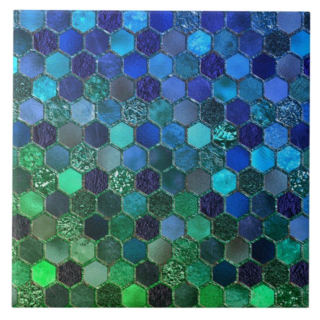 Luxury Metal Foil Glitter Blue Green honeycomb Tile (Front)