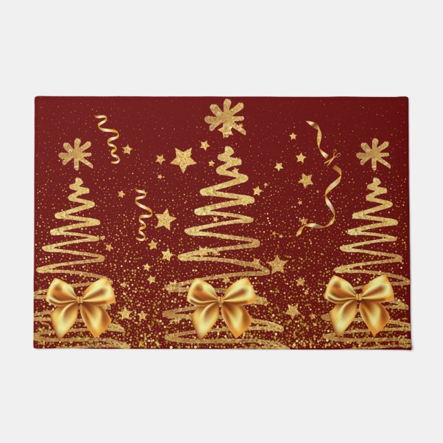 Luxury metallic glitter trees gold and red Xmas Doormat (Front)
