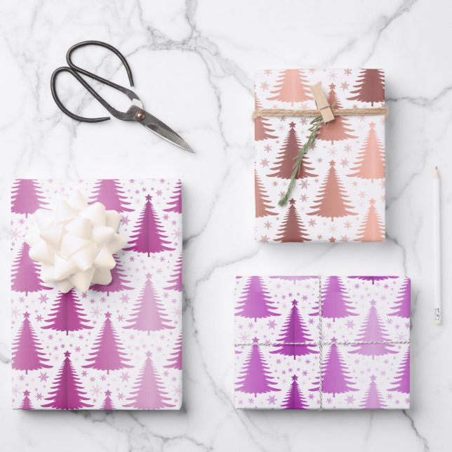 Luxury Metallic Purple Christmas Trees Pattern Wrapping Paper Sheet (Front)