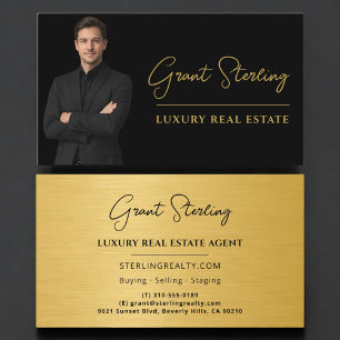 Luxury Metallic Real Estate Black Gold Script  Business Card